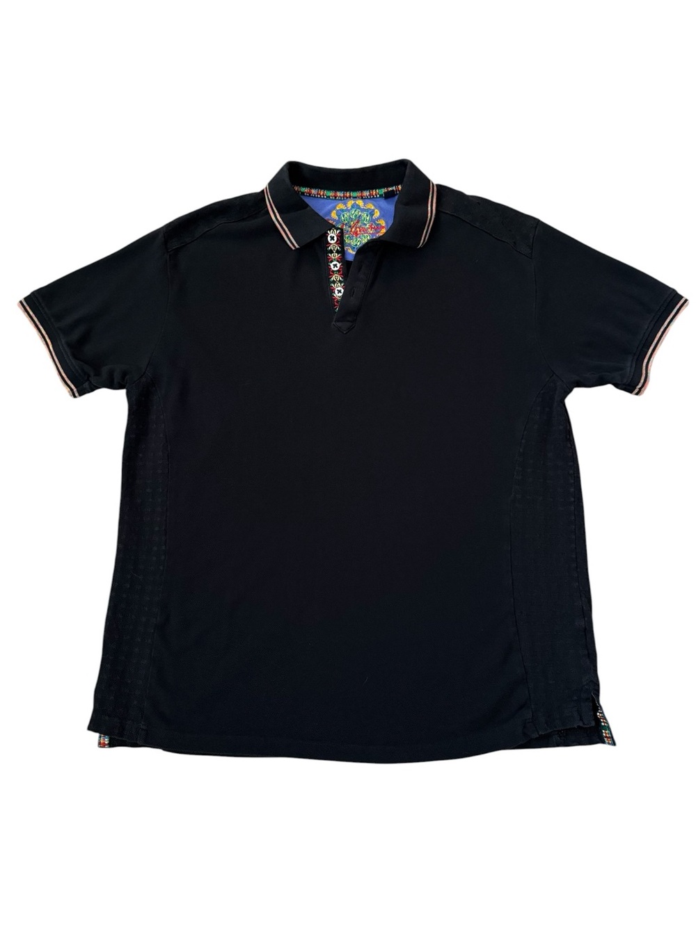 Robert Graham Black Pima Cotton Polo Large Textured Panels Embroidered Crest